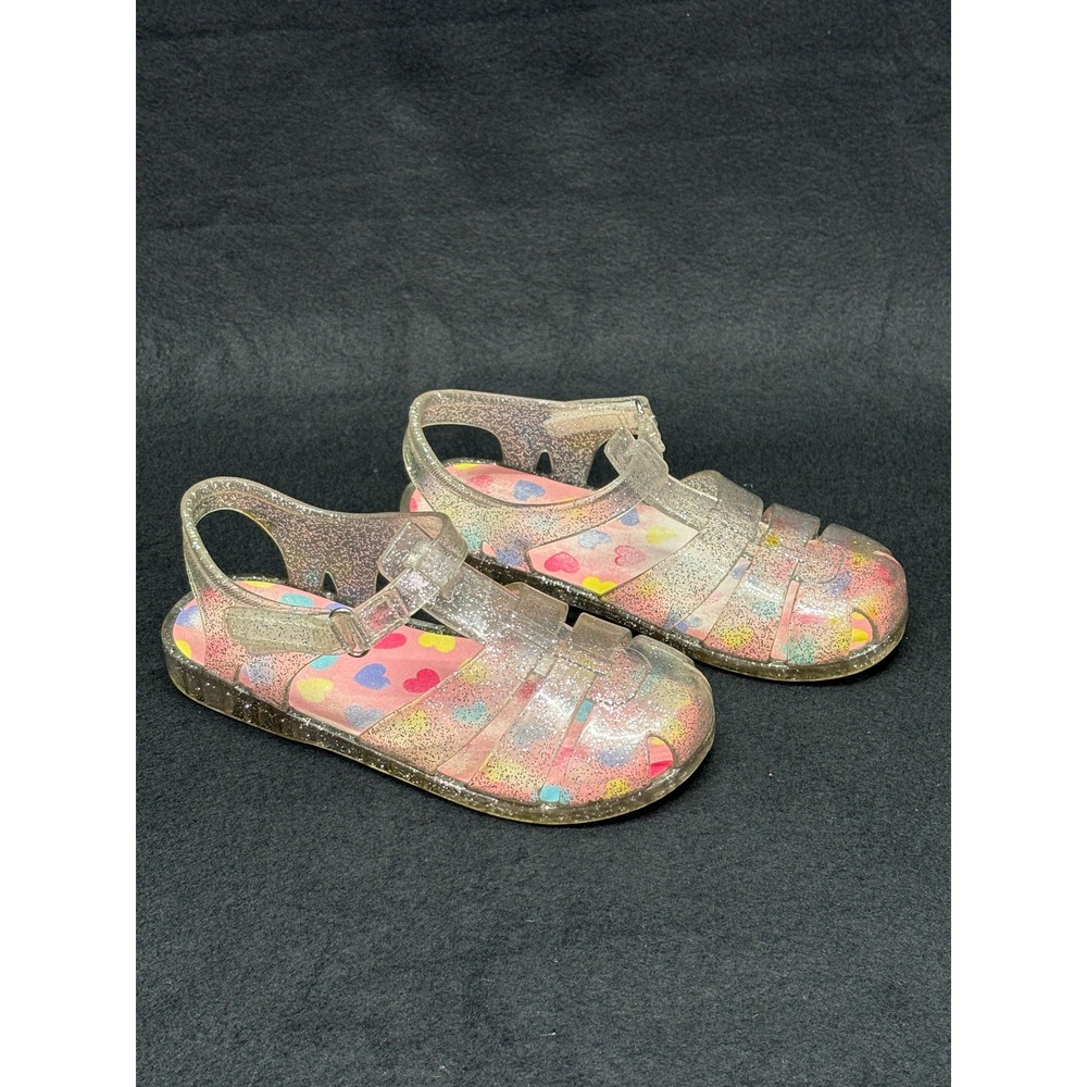 Wonder Nation Girls Clear Glitter Jelly Sandals Heart Print‎ Fisherman Size 11